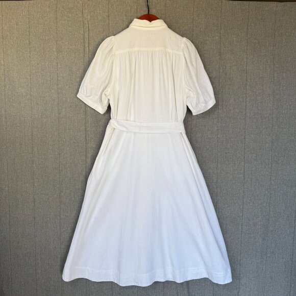 Ann Taylor ivory Linen Blend Short Puff Sleeve Button Front Midi Dress Size 16 - Picture 10 of 17